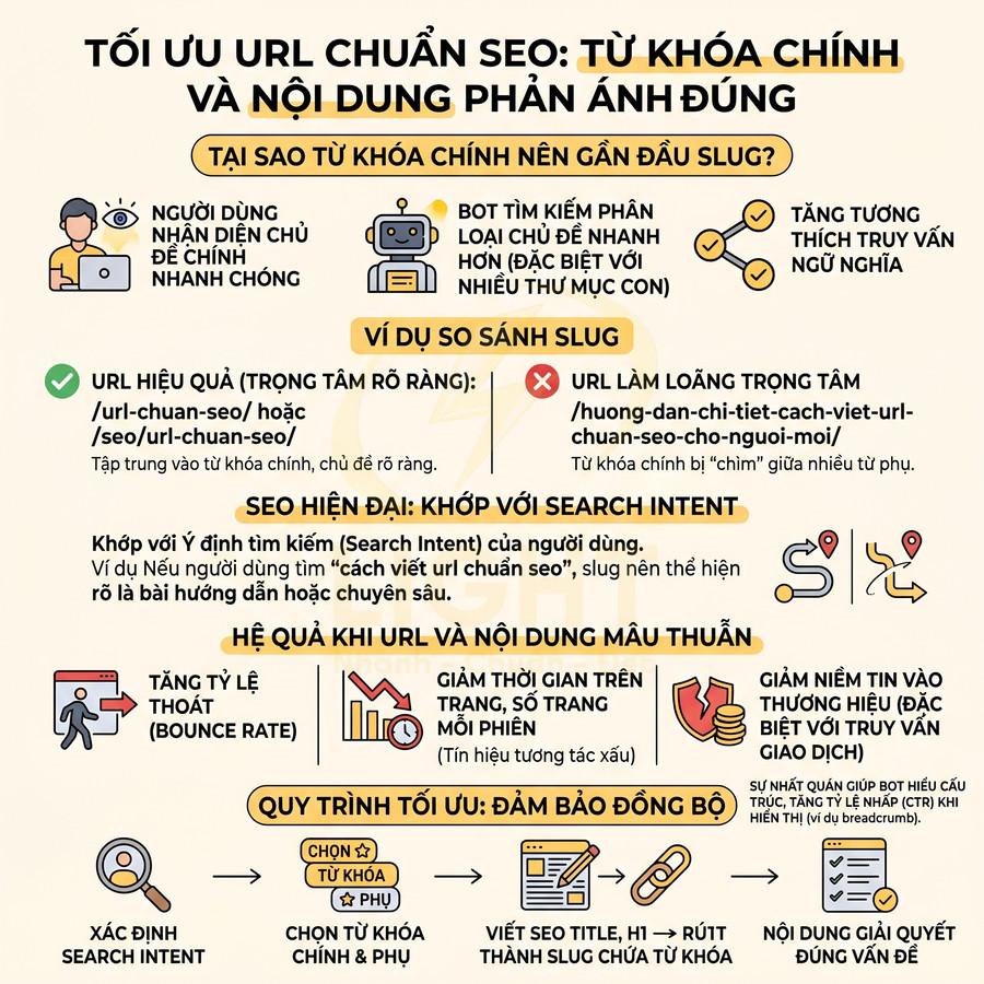 Infographic hướng dẫn tối ưu URL chuẩn SEO với từ khóa chính và nội dung khớp search intent