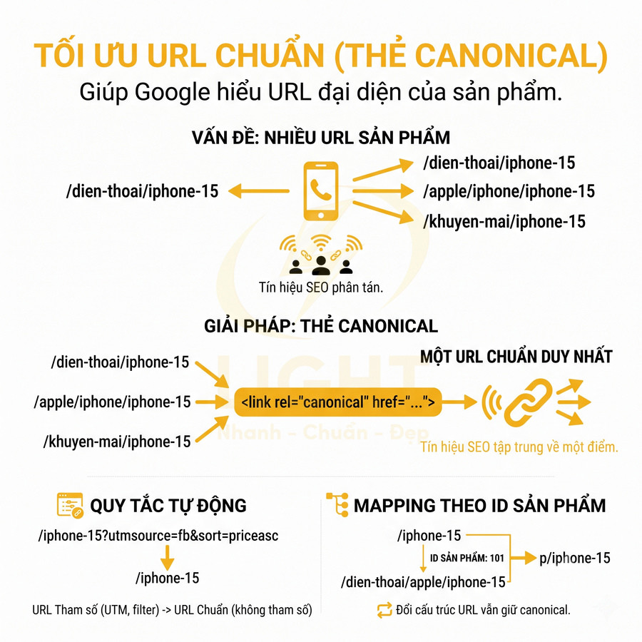 Hướng dẫn tối ưu URL chuẩn canonical cho trang sản phẩm iPhone 15 giúp tập trung tín hiệu SEO