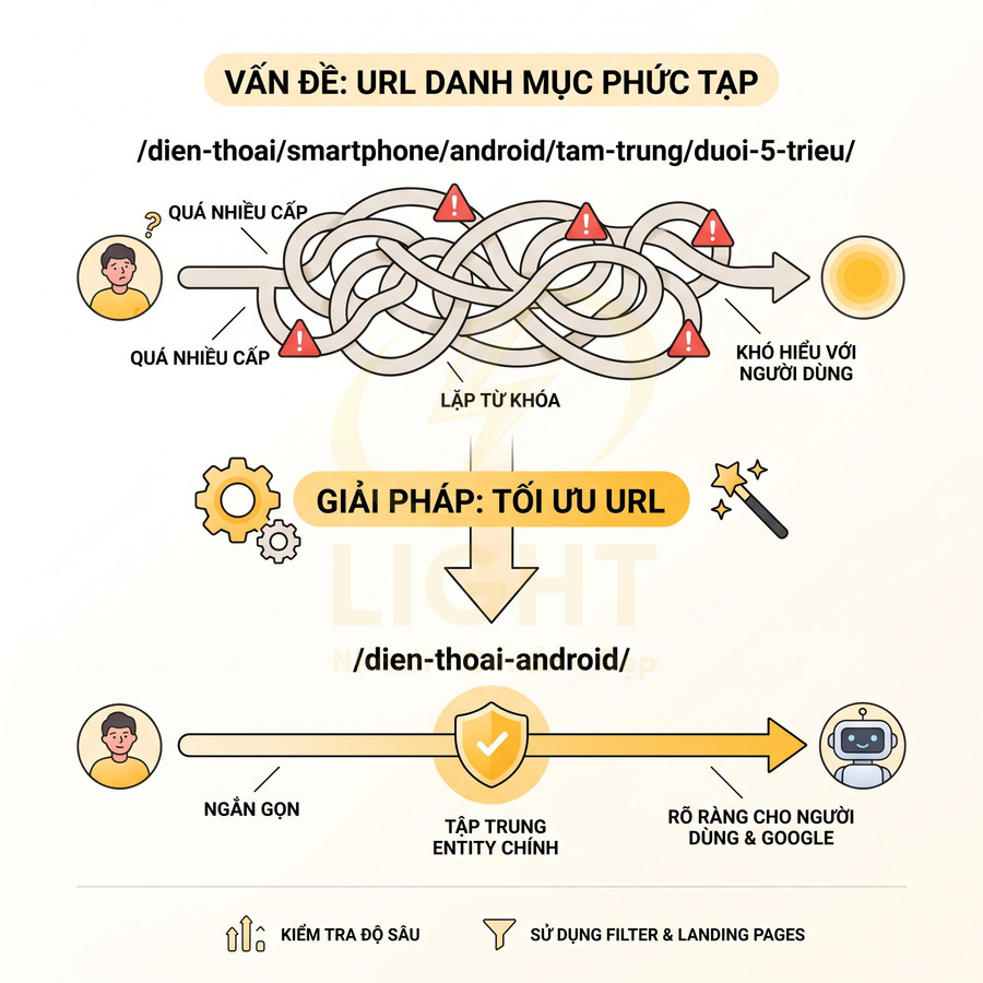 Minh họa tối ưu URL danh mục SEO, so sánh URL phức tạp với URL ngắn gọn tập trung từ khóa chính