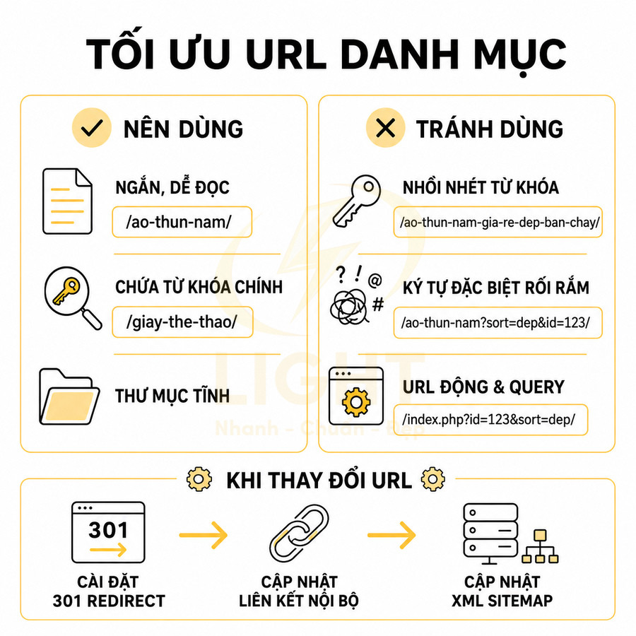 Hướng dẫn tối ưu URL danh mục SEO với ví dụ URL nên dùng, tránh dùng và các bước xử lý khi thay đổi URL