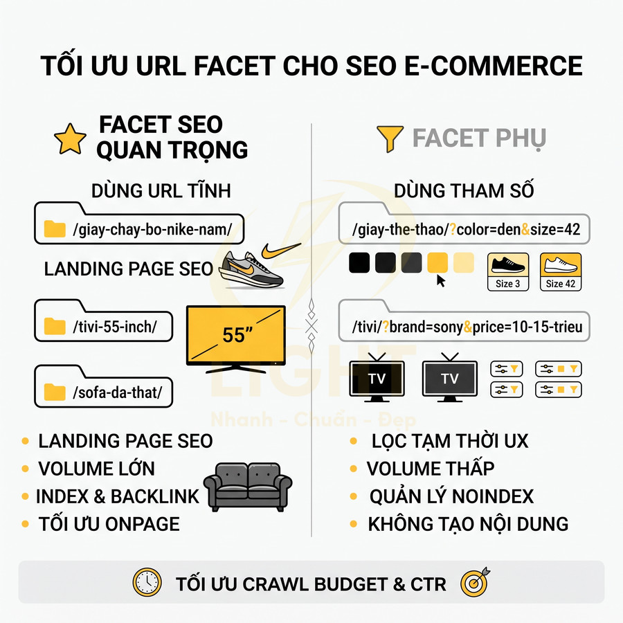 Hướng dẫn tối ưu URL facet cho SEO e commerce với ví dụ giày Nike và tivi Sony