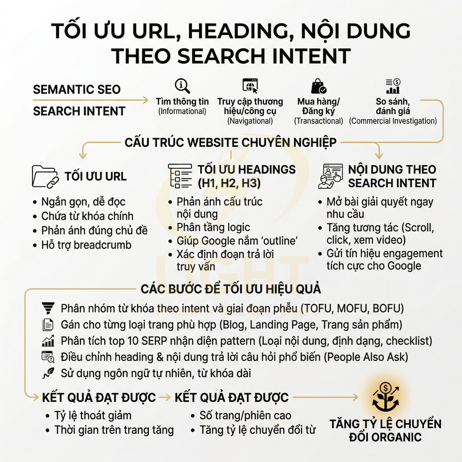 Hướng dẫn tối ưu URL, heading và nội dung website theo search intent để tăng tỷ lệ chuyển đổi organic