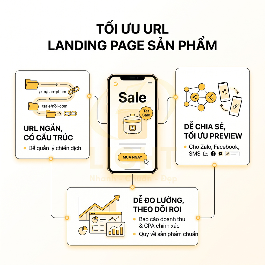 Minh họa tối ưu URL landing page sản phẩm với ví dụ giao diện sale trên điện thoại di động
