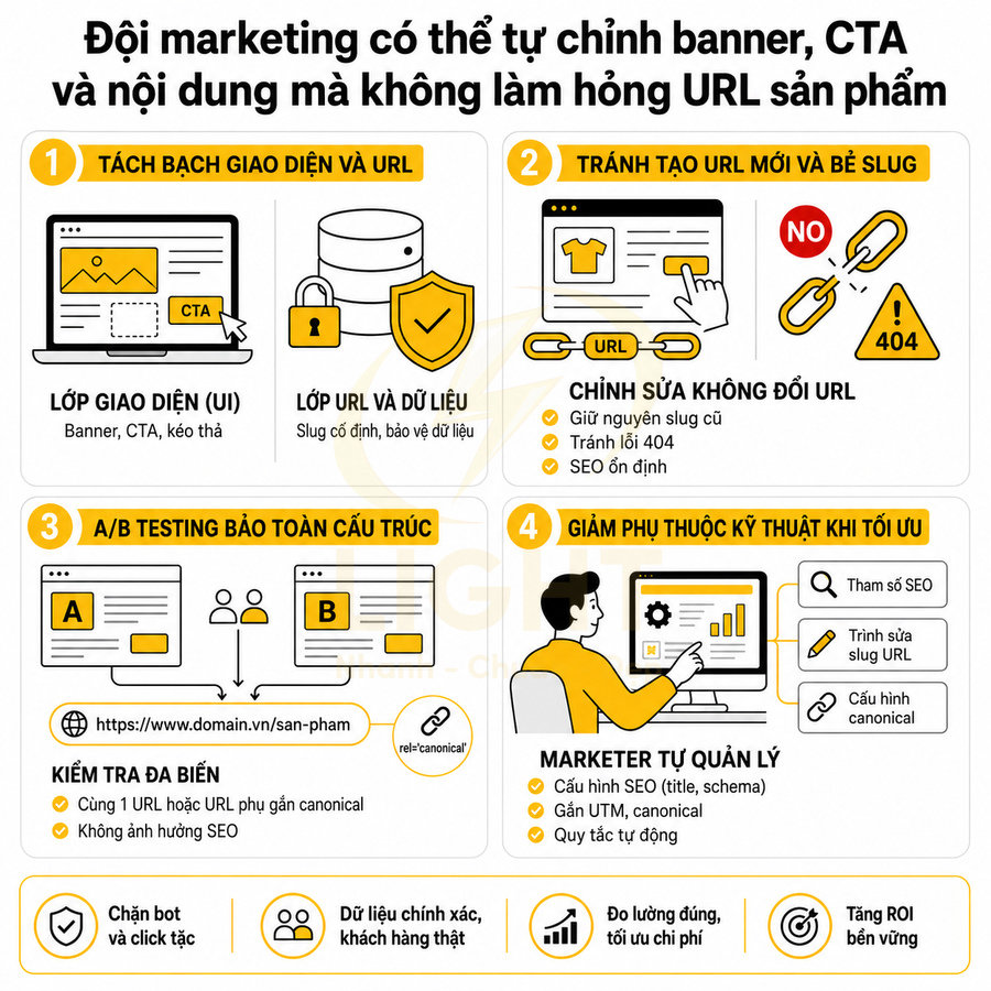 Infographic hướng dẫn đội marketing tối ưu banner CTA và nội dung mà không làm thay đổi URL sản phẩm và cấu trúc SEO