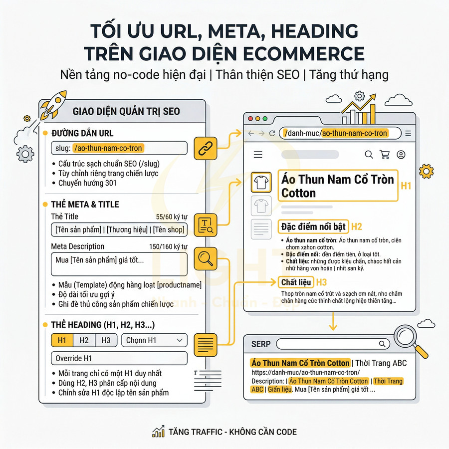Hướng dẫn tối ưu URL, thẻ meta và heading H1 H2 H3 cho trang sản phẩm áo thun nam cổ tròn trên website ecommerce