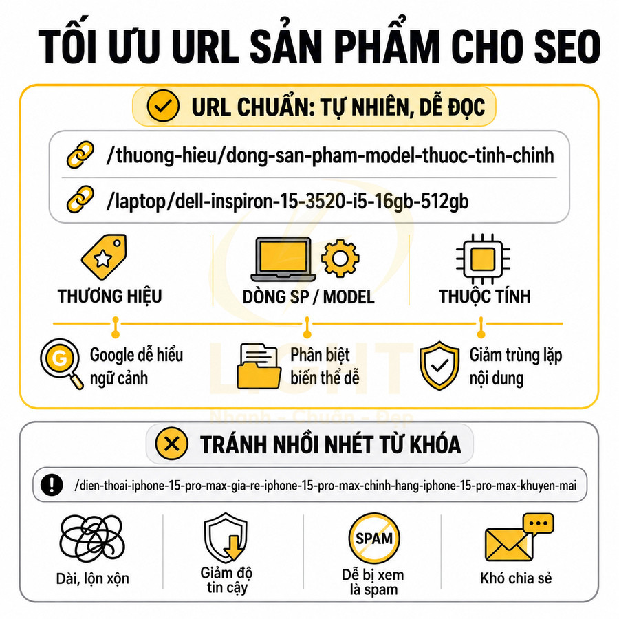 Hướng dẫn tối ưu URL sản phẩm cho SEO với ví dụ laptop Dell Inspiron và lưu ý tránh nhồi nhét từ khóa