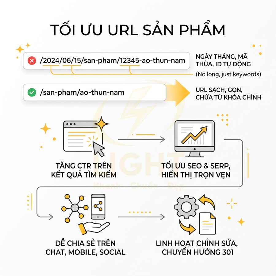 Hướng dẫn tối ưu URL sản phẩm với ví dụ áo thun nam, nhấn mạnh URL ngắn gọn chứa từ khóa chính để tăng hiệu quả SEO