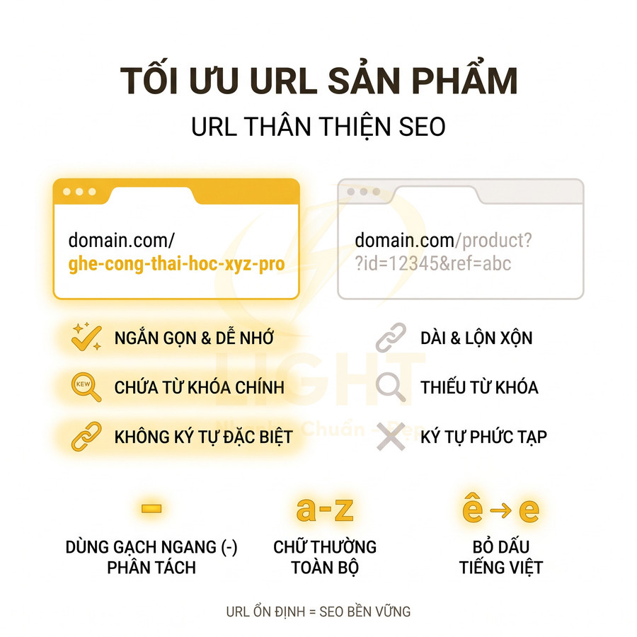 Hướng dẫn tối ưu URL sản phẩm thân thiện SEO với ví dụ ghế công thái học và các nguyên tắc đặt URL ngắn gọn