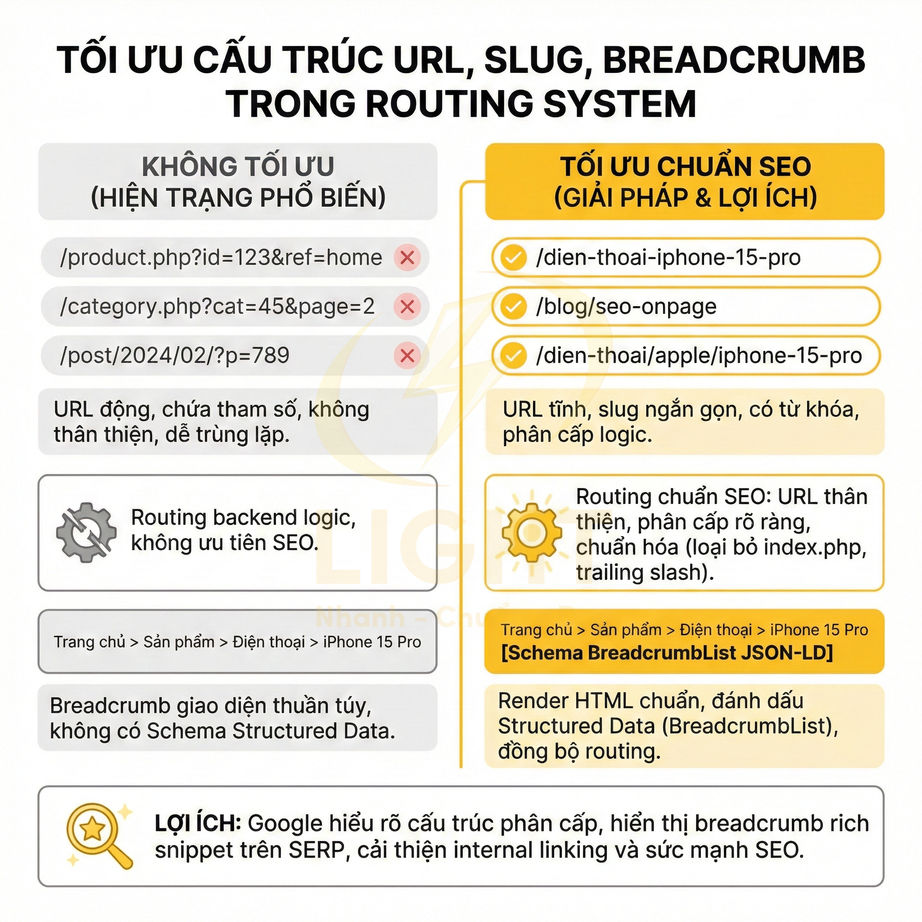 Hướng dẫn tối ưu URL slug breadcrumb trong routing system chuẩn SEO cho trang sản phẩm iPhone 15 Pro