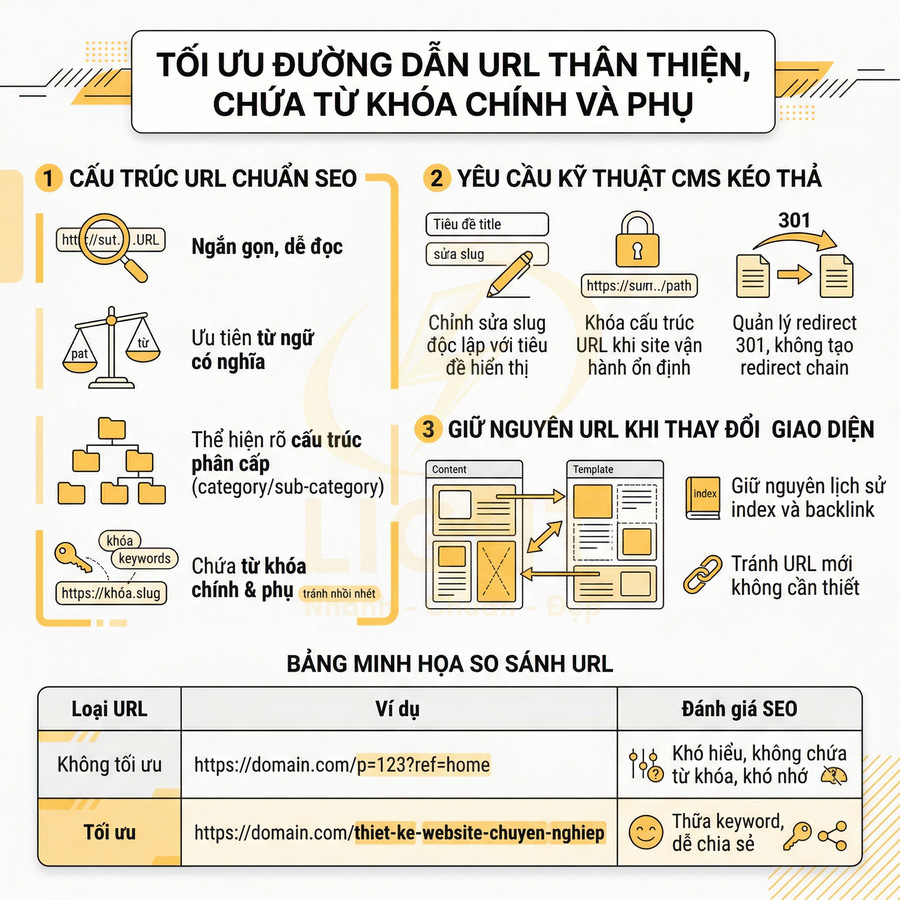 Infographic hướng dẫn tối ưu URL thân thiện chuẩn SEO với cấu trúc, kỹ thuật CMS và ví dụ so sánh URL