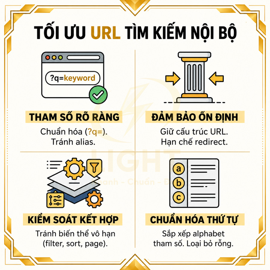 Infographic tối ưu URL tìm kiếm nội bộ với tham số rõ ràng, ổn định, kiểm soát kết hợp và chuẩn hóa thứ tự