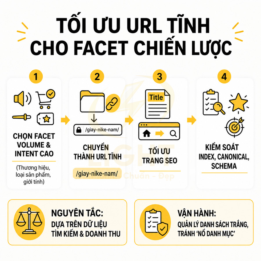 Hướng dẫn tối ưu URL tĩnh cho facet chiến lược trong SEO với các bước chọn facet, chuyển URL, tối ưu và kiểm soát index