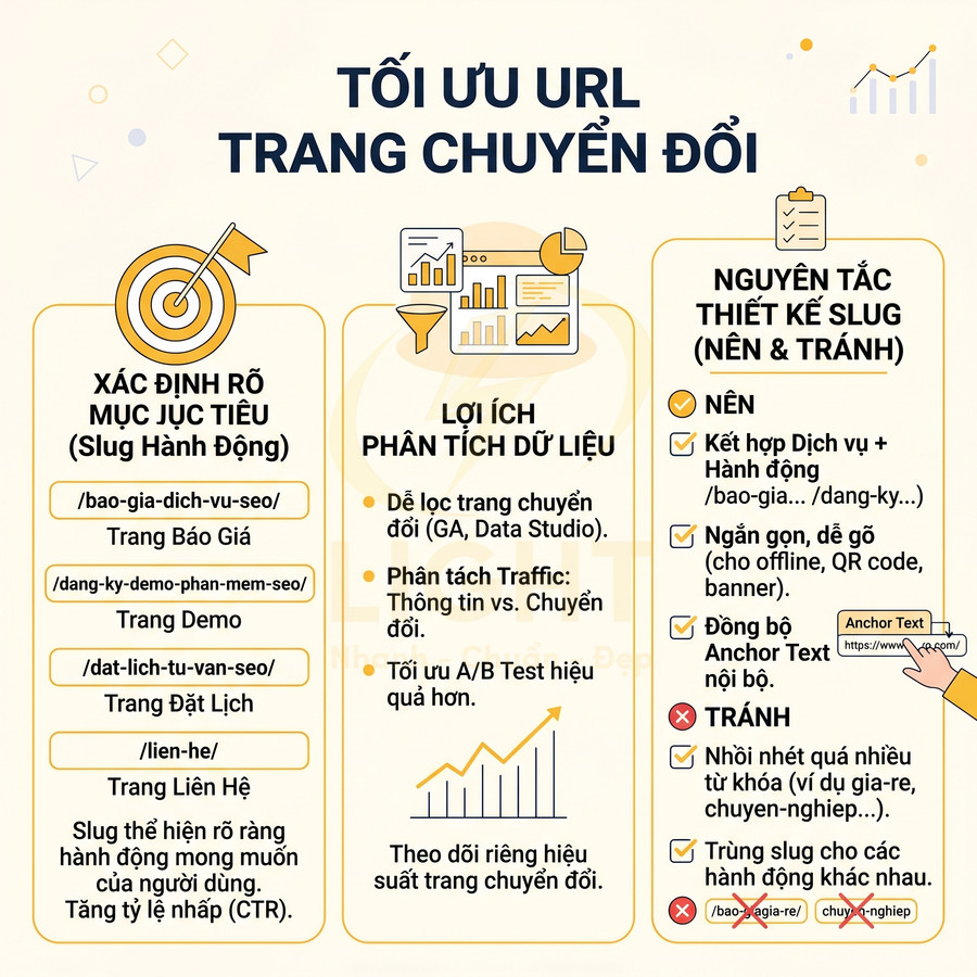 Infographic hướng dẫn tối ưu URL trang chuyển đổi với cách xác định slug mục tiêu và nguyên tắc thiết kế slug chuẩn SEO