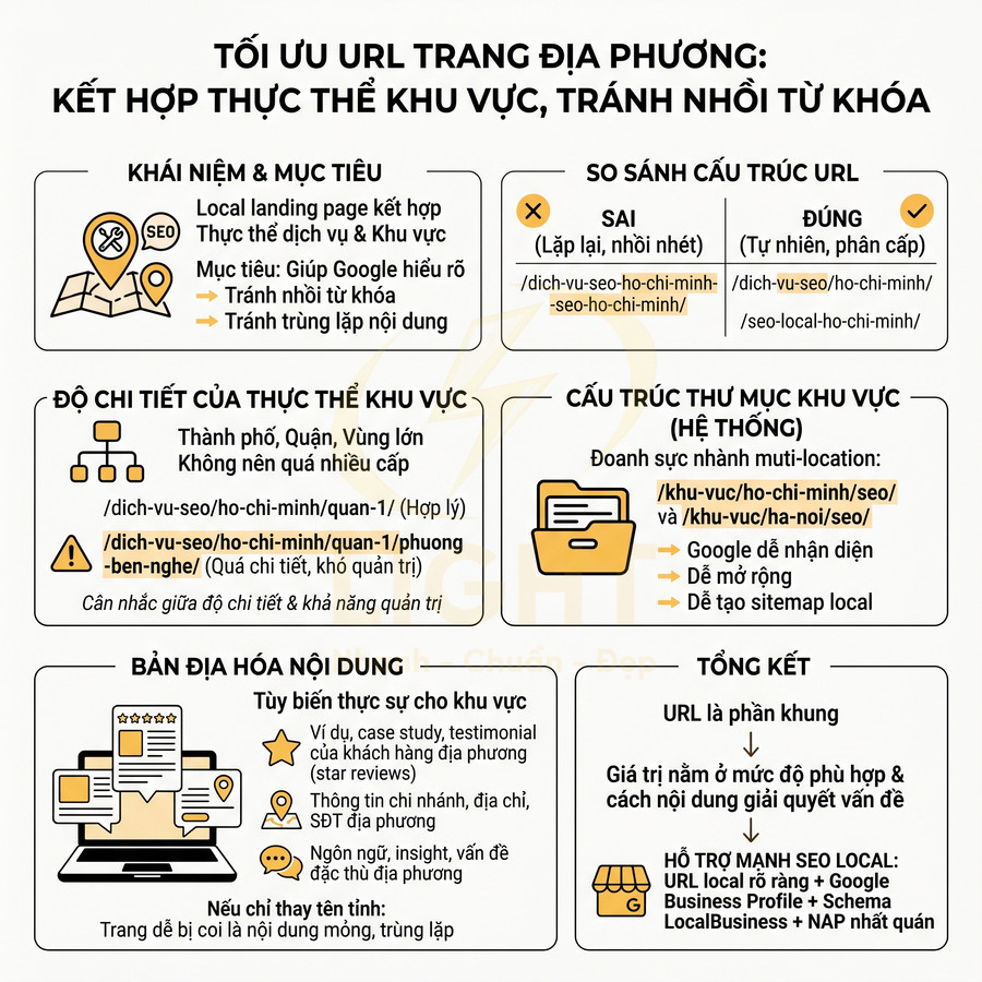 Infographic hướng dẫn tối ưu URL trang địa phương cho SEO local với cấu trúc thư mục khu vực và bản địa hóa nội dung