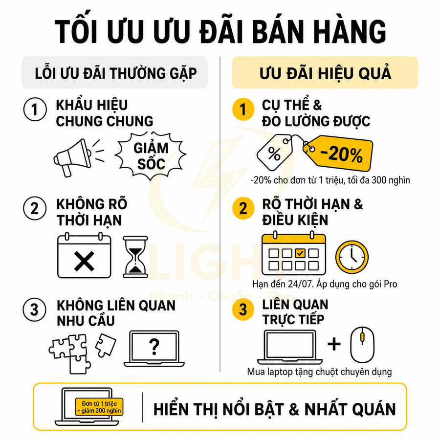 Hướng dẫn tối ưu ưu đãi bán hàng với ví dụ giảm giá 20 phần trăm và quà tặng khi mua laptop