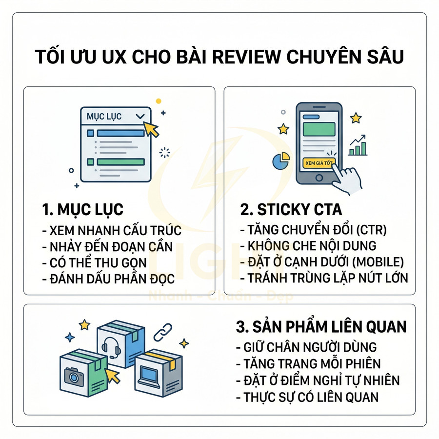 Hướng dẫn tối ưu UX cho bài review chuyên sâu với mục lục, nút sticky CTA và gợi ý sản phẩm liên quan