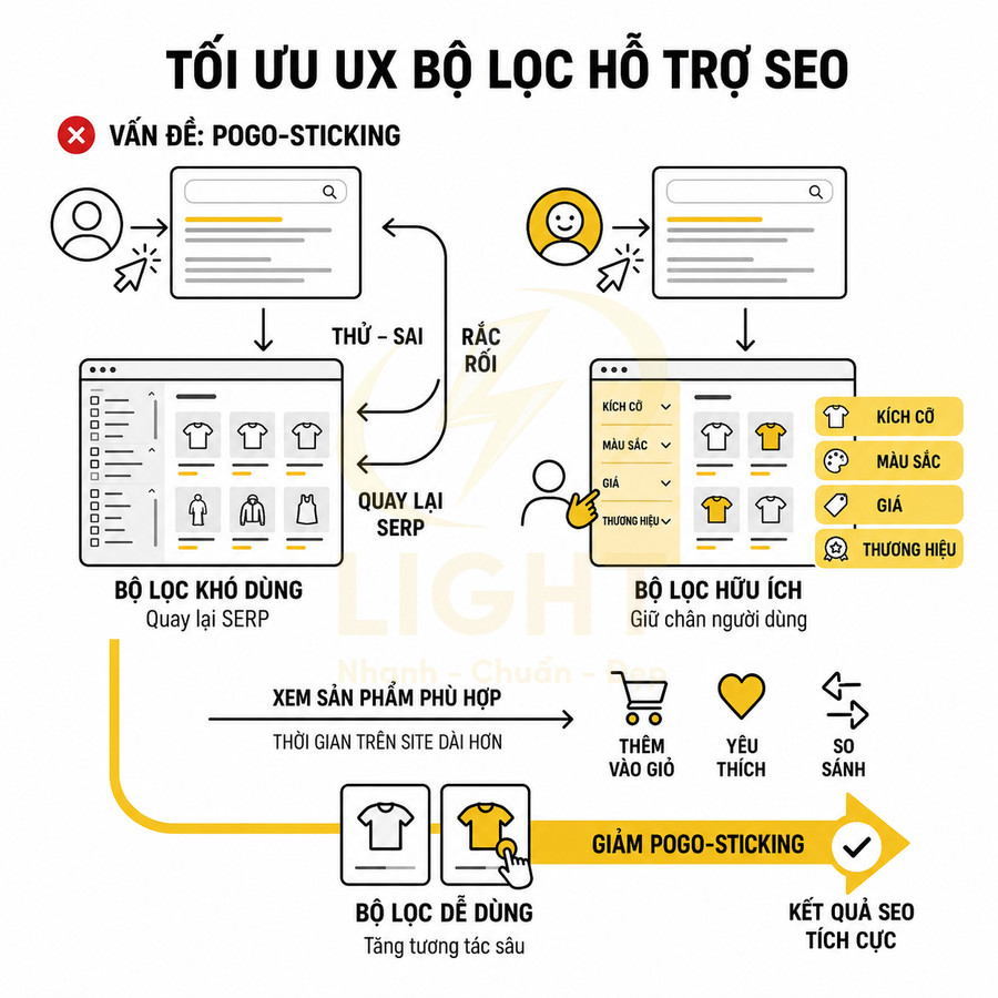 Minh họa tối ưu UX bộ lọc sản phẩm áo thun trên website để giảm pogo sticking và cải thiện SEO