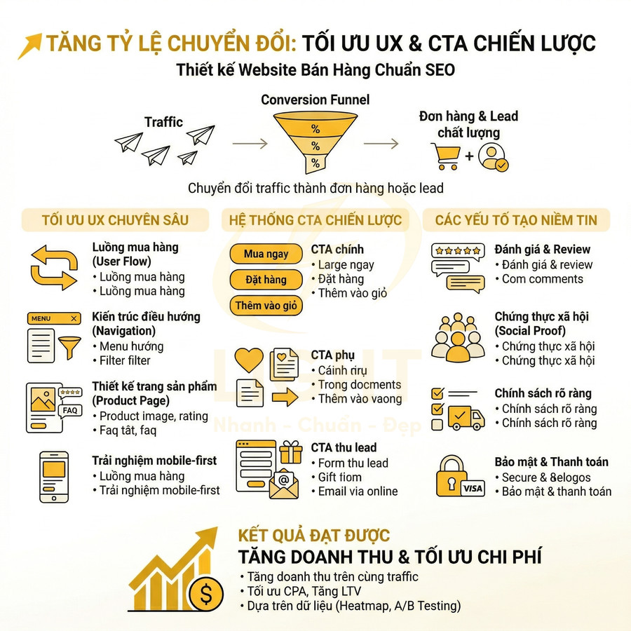 Infographic tối ưu UX và CTA chiến lược cho thiết kế website bán hàng chuẩn SEO tăng tỷ lệ chuyển đổi