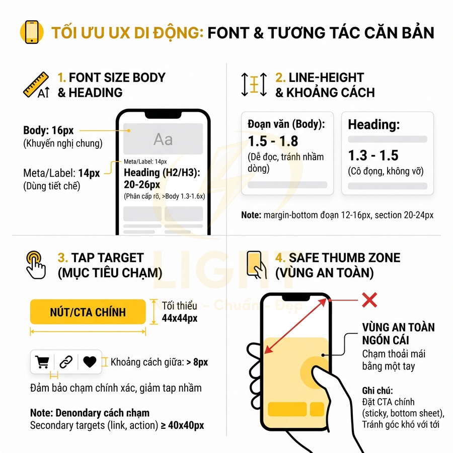 Hướng dẫn tối ưu UX di động với kích thước font, khoảng cách, tap target và vùng an toàn ngón cái trên màn hình smartphone