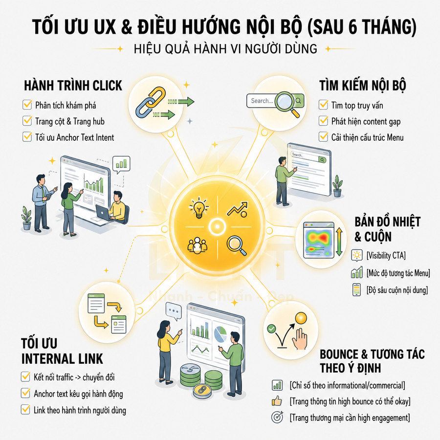 Infographic tối ưu UX và điều hướng nội bộ website với hành trình click, tìm kiếm nội bộ, bản đồ nhiệt và tối ưu internal link