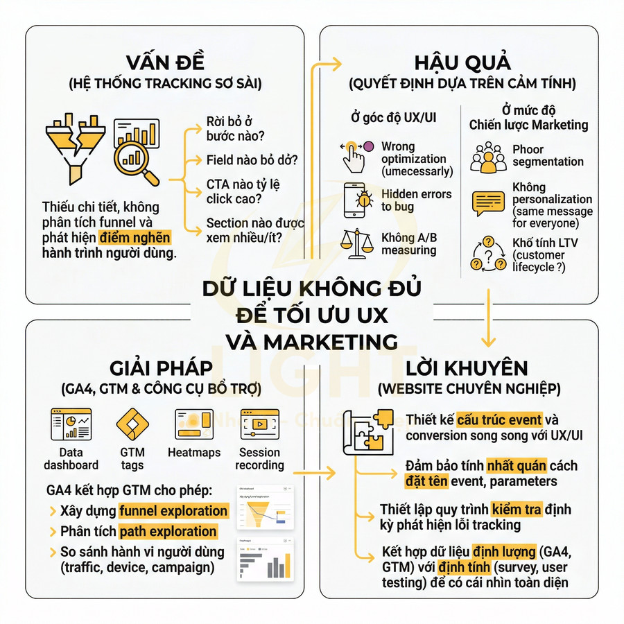 Infographic quy trình tối ưu UX và marketing bằng GA4, GTM, heatmap, session recording và các giải pháp tracking website
