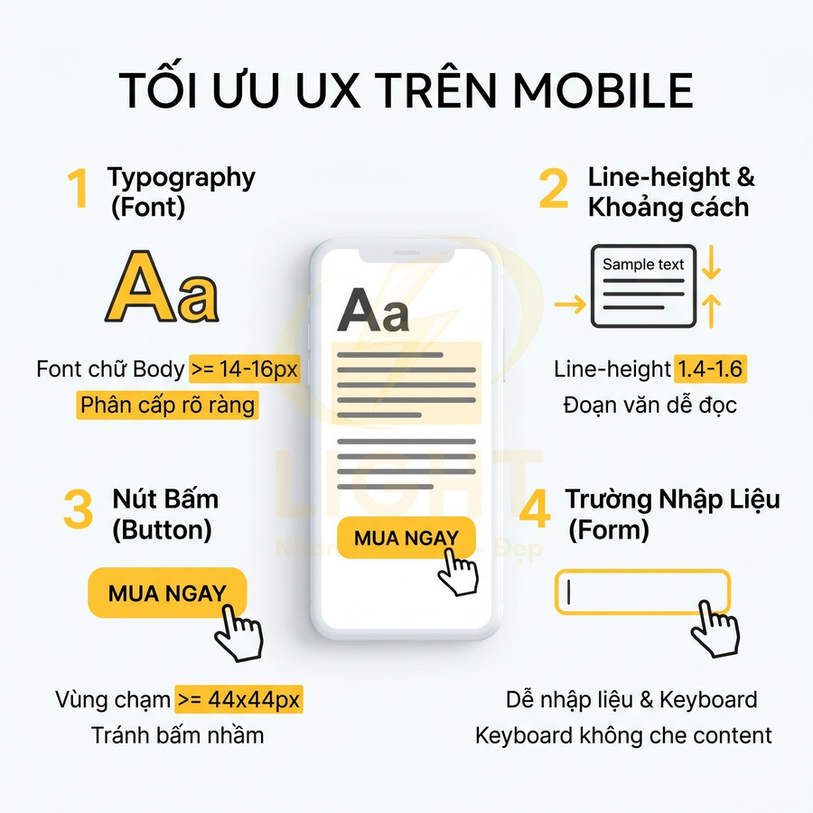Hướng dẫn tối ưu UX trên mobile với ví dụ giao diện điện thoại, nút mua ngay, form nhập liệu và typography dễ đọc