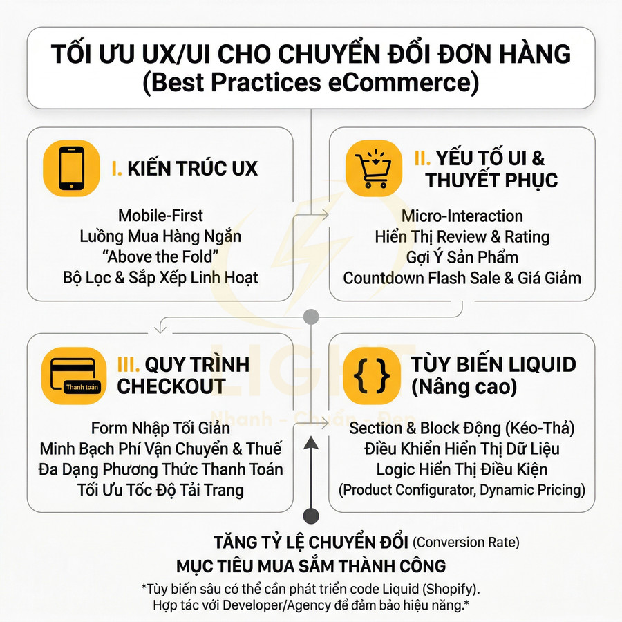 Infographic tối ưu UX UI cho chuyển đổi đơn hàng trong website ecommerce với 4 nhóm giải pháp chính