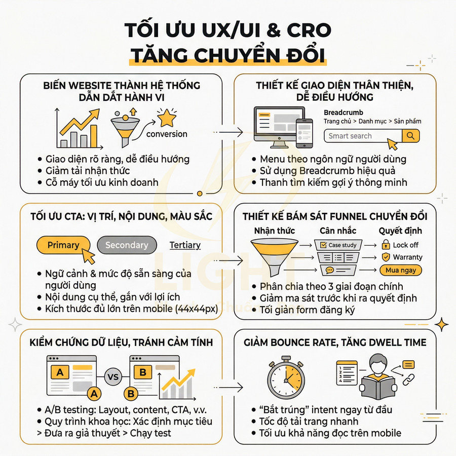 Infographic tối ưu UX UI và CRO cho website với các bước tăng chuyển đổi và cải thiện trải nghiệm người dùng