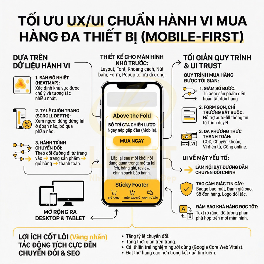 Infographic tối ưu UX UI chuẩn hành vi mua hàng đa thiết bị mobile first với giao diện trang sản phẩm trên điện thoại