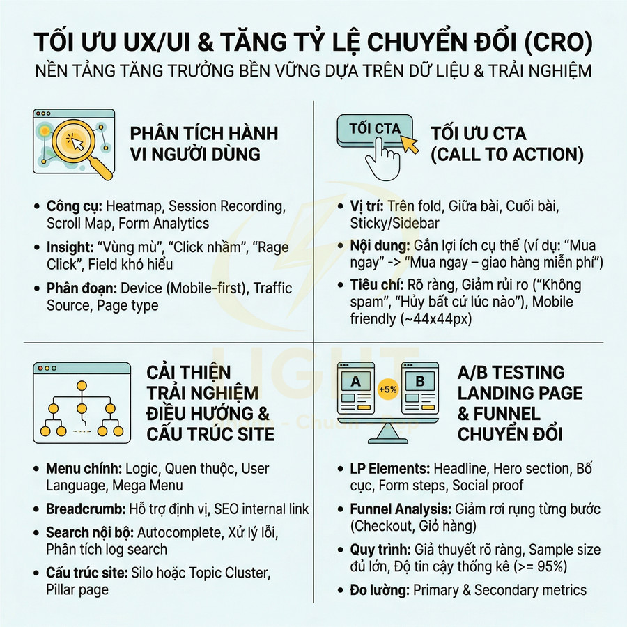 Infographic tối ưu UX UI và tăng tỷ lệ chuyển đổi CRO với phân tích hành vi, tối ưu CTA, điều hướng site và A B testing