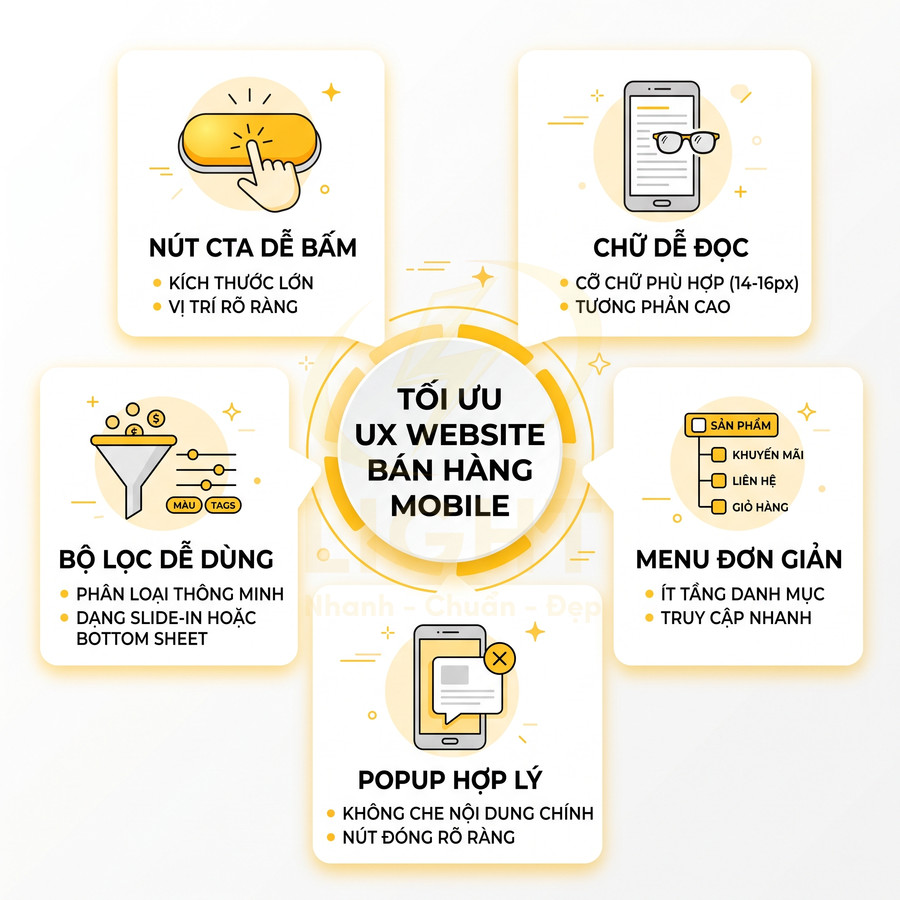 Hướng dẫn tối ưu UX website bán hàng mobile với nút CTA dễ bấm, chữ dễ đọc, bộ lọc, menu đơn giản và popup hợp lý