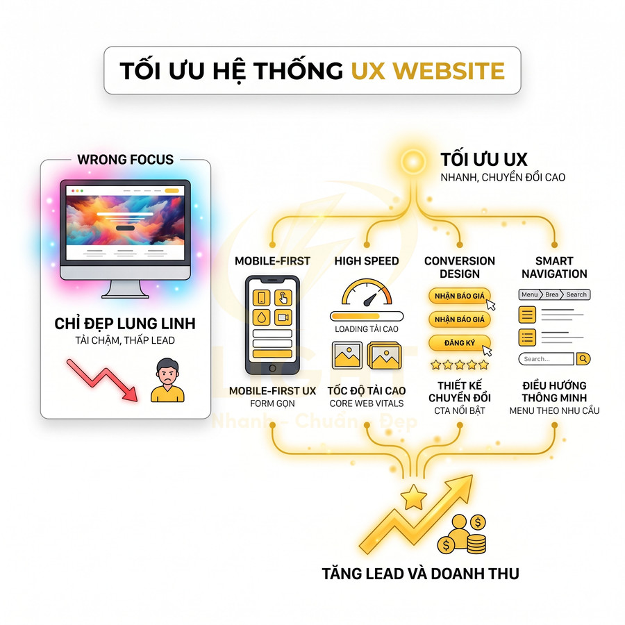 Minh họa tối ưu UX website với mobile first, tốc độ tải nhanh, điều hướng thông minh giúp tăng lead và doanh thu