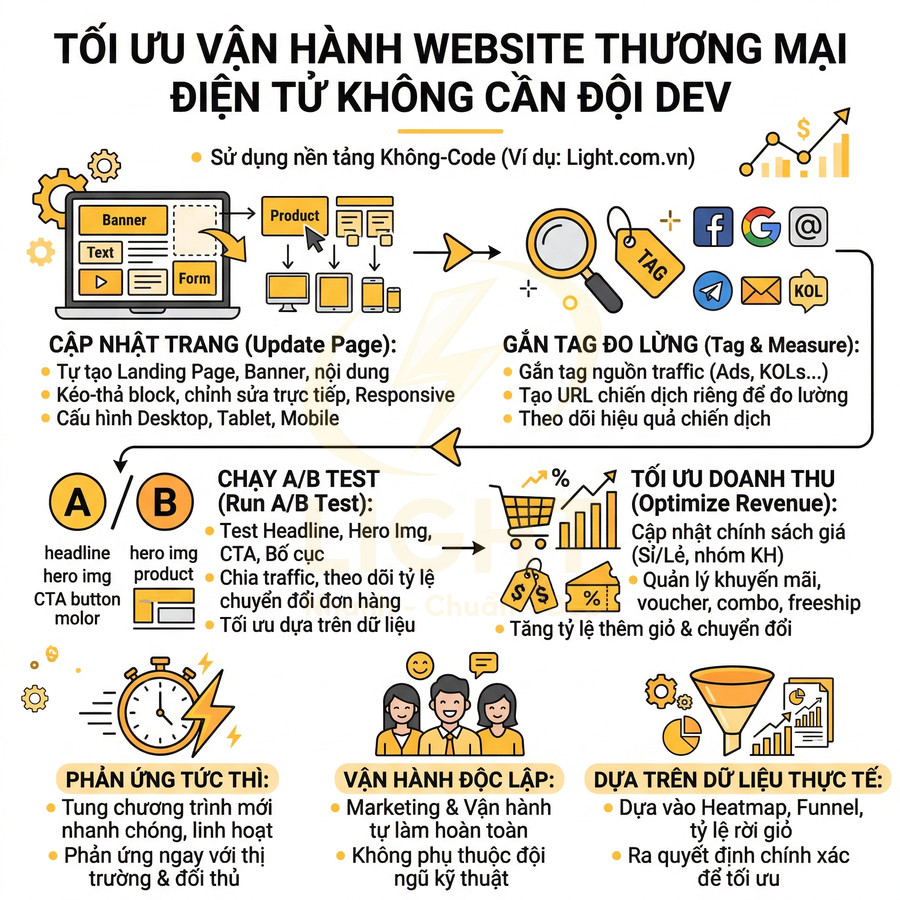 Infographic tối ưu vận hành website thương mại điện tử không cần dev bằng nền tảng no code Light.com.vn