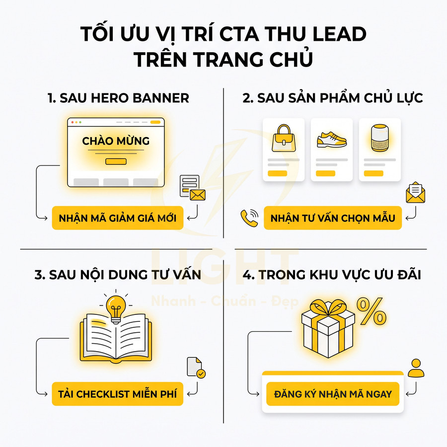 Infographic tối ưu vị trí nút kêu gọi hành động CTA thu lead trên trang chủ website marketing
