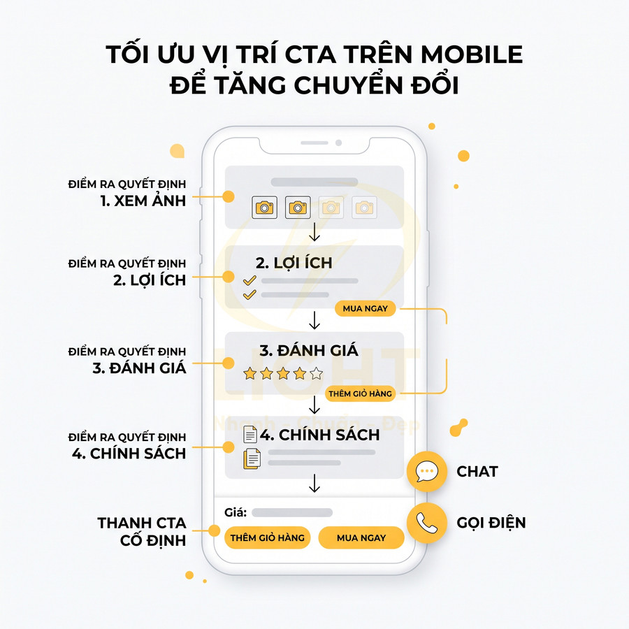 Mô phỏng giao diện mobile tối ưu vị trí nút CTA mua ngay và thêm giỏ hàng để tăng chuyển đổi