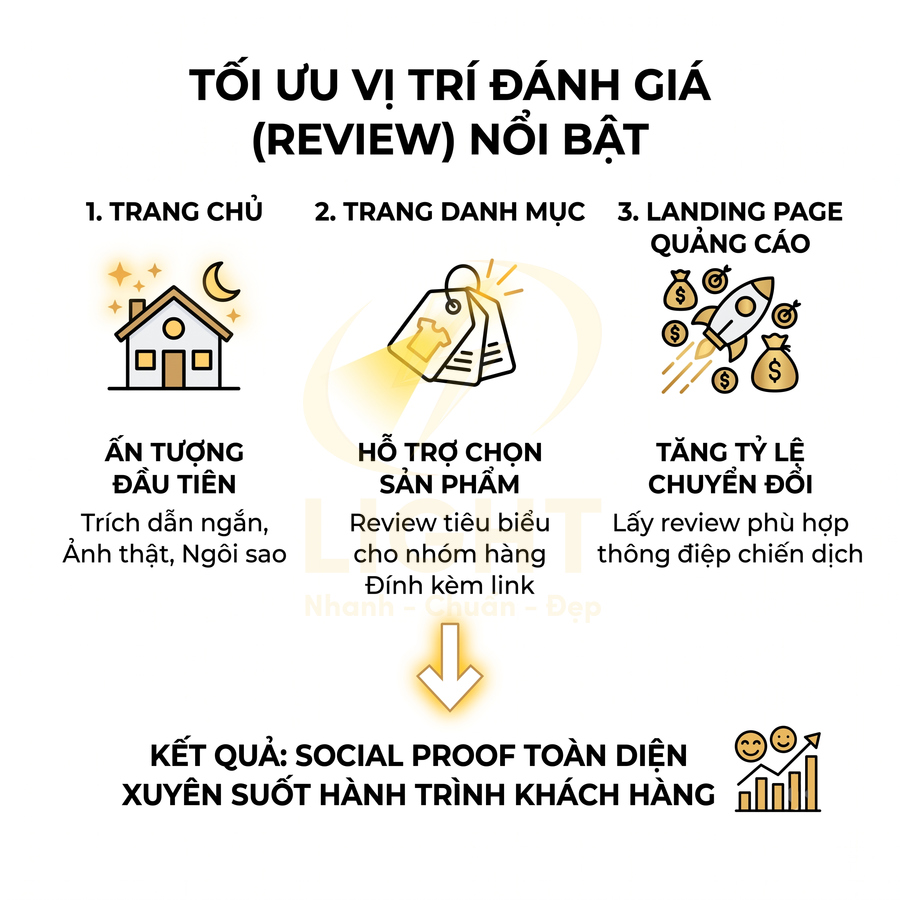 Infographic tối ưu vị trí review nổi bật trên trang chủ, trang danh mục và landing page để tăng social proof và chuyển đổi