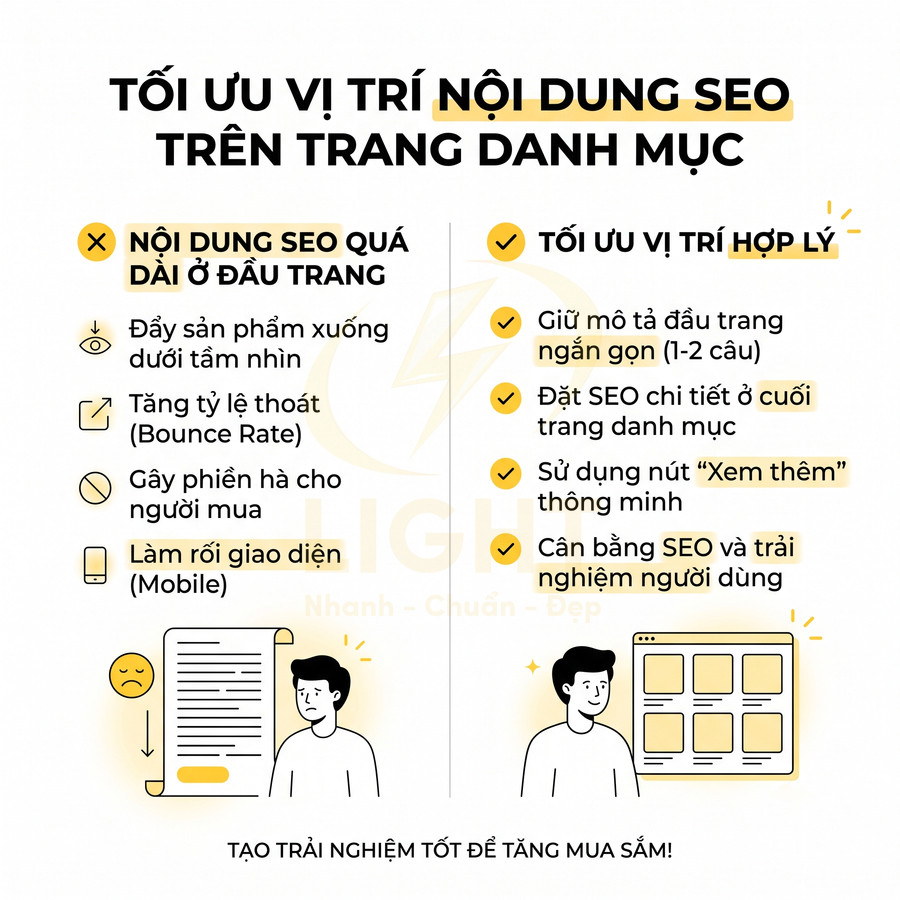 Hướng dẫn tối ưu vị trí nội dung SEO trên trang danh mục để cải thiện trải nghiệm mua sắm