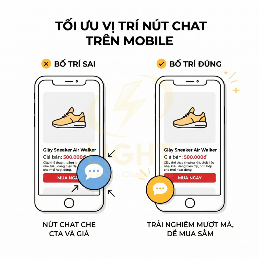 Giao diện bán giày sneaker Air Walker trên mobile với ví dụ bố trí nút chat đúng và sai