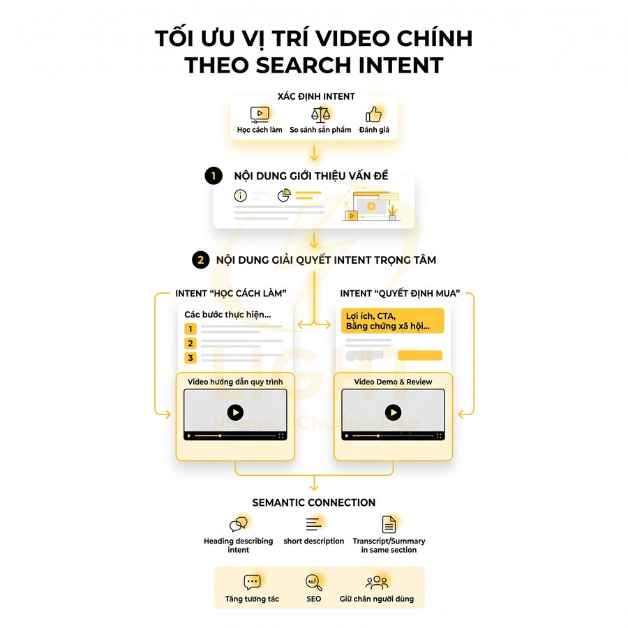 Sơ đồ tối ưu vị trí video chính theo search intent với các bước xác định và giải quyết intent