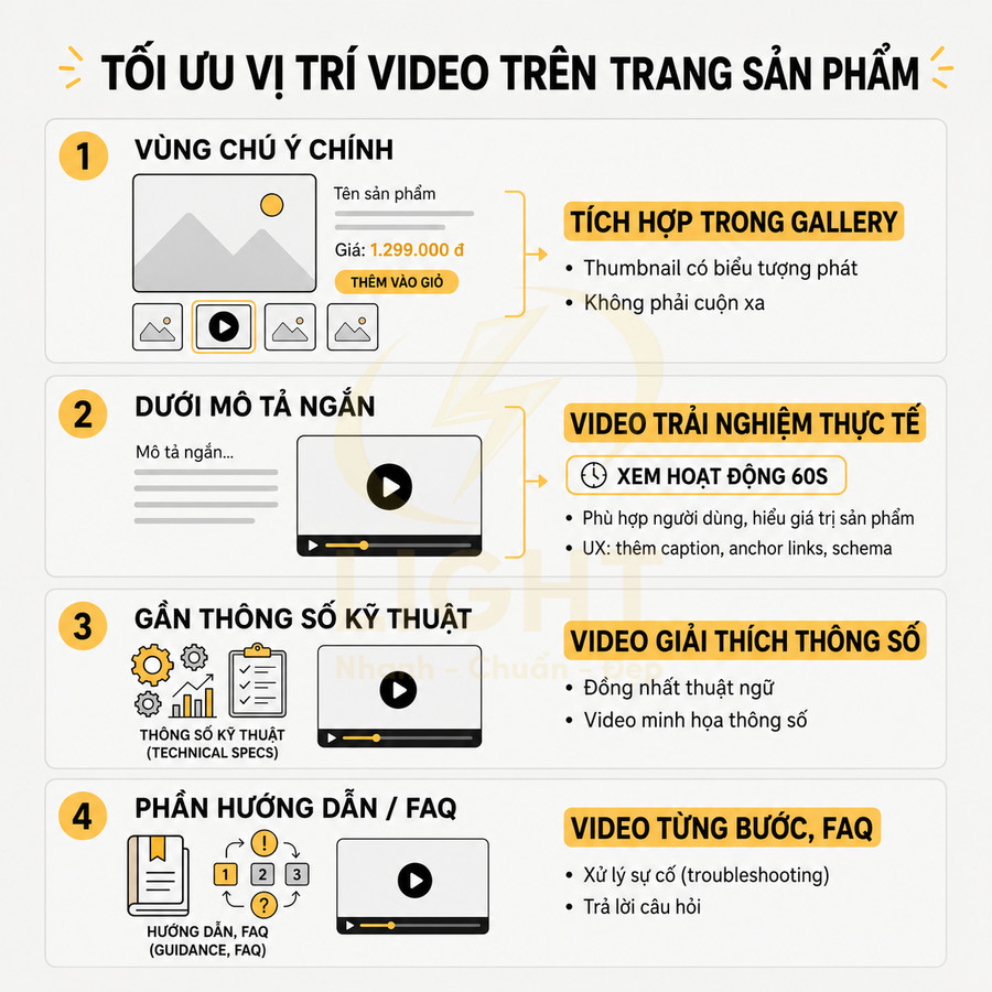 Hướng dẫn tối ưu vị trí video trên trang sản phẩm với bốn khu vực hiển thị chính