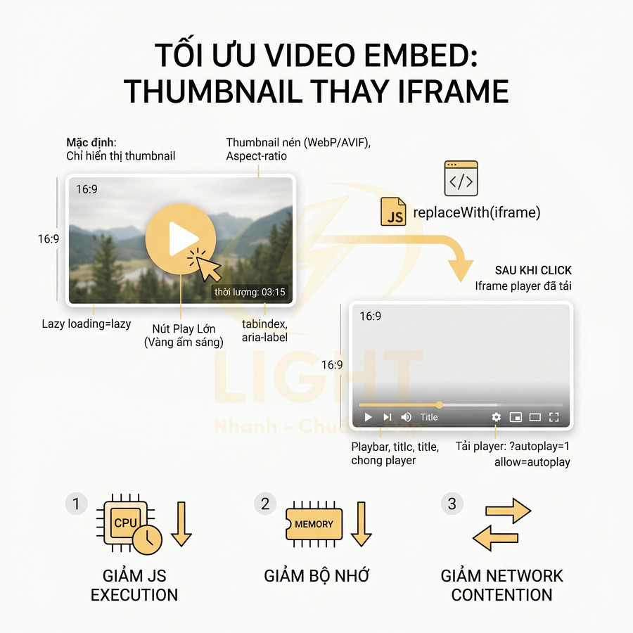 Minh họa tối ưu nhúng video bằng thumbnail thay iframe để giảm tải JS, bộ nhớ và băng thông mạng
