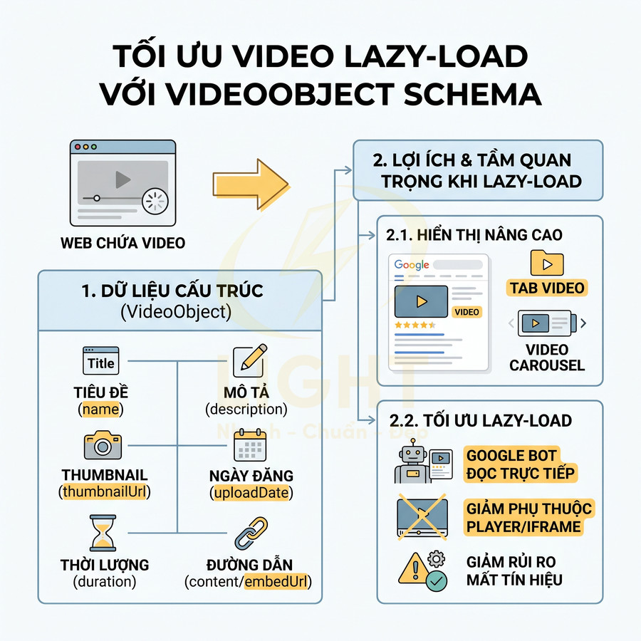 Hướng dẫn tối ưu video lazy load với schema VideoObject, mô tả dữ liệu cấu trúc và lợi ích hiển thị trên Google