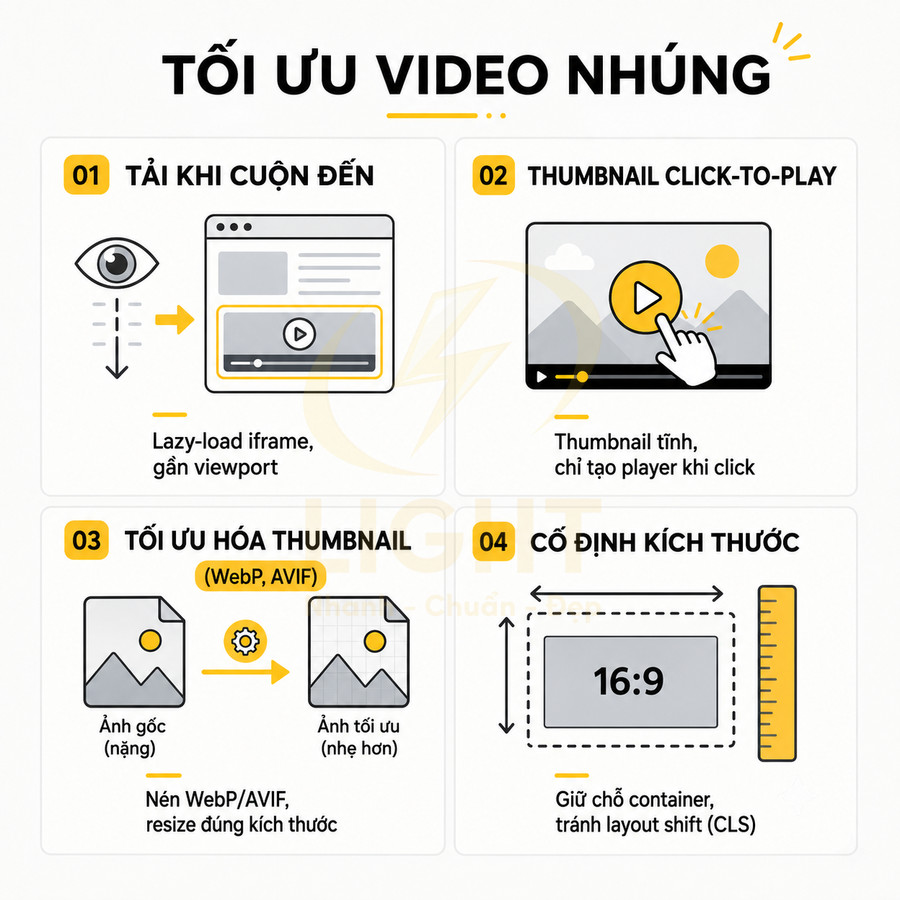 Hướng dẫn tối ưu video nhúng với tải khi cuộn đến, thumbnail click to play, nén WebP AVIF và cố định kích thước