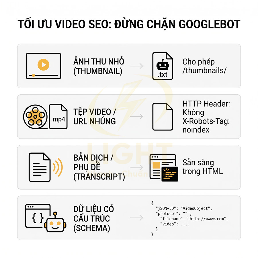 Hướng dẫn tối ưu video SEO không chặn Googlebot với thumbnail, file video, transcript và dữ liệu cấu trúc schema