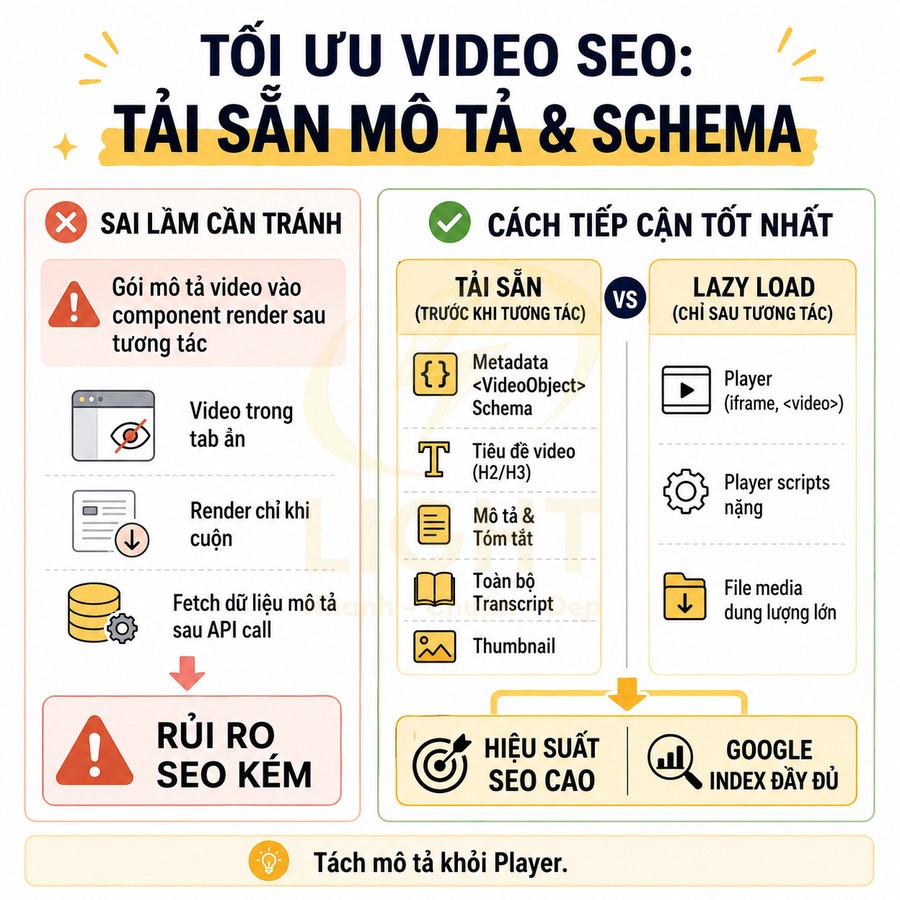 Hướng dẫn tối ưu video SEO với tài sản mô tả và schema, liệt kê sai lầm cần tránh và cách tiếp cận tốt nhất
