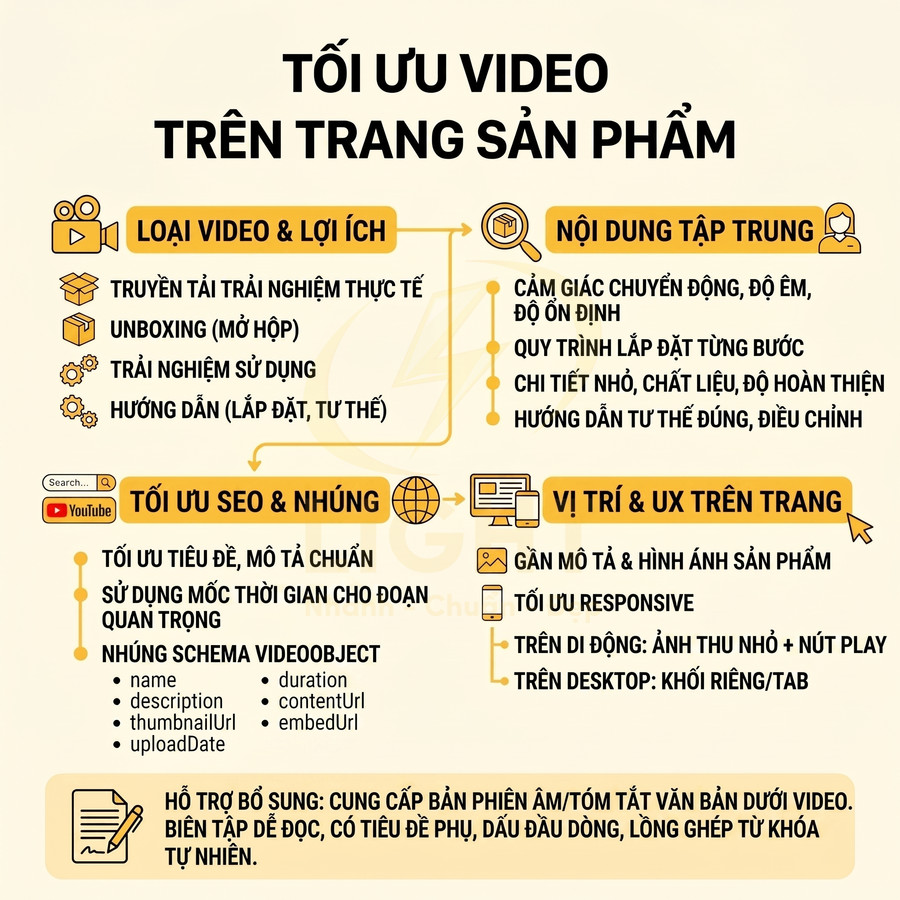 Hướng dẫn tối ưu video trên trang sản phẩm với loại video, nội dung, SEO, vị trí hiển thị và hỗ trợ bổ sung
