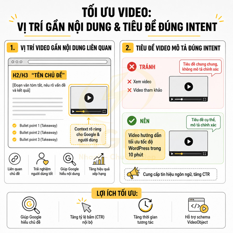 Hướng dẫn tối ưu video cho SEO với vị trí gần nội dung, tiêu đề đúng intent và các lợi ích tăng CTR