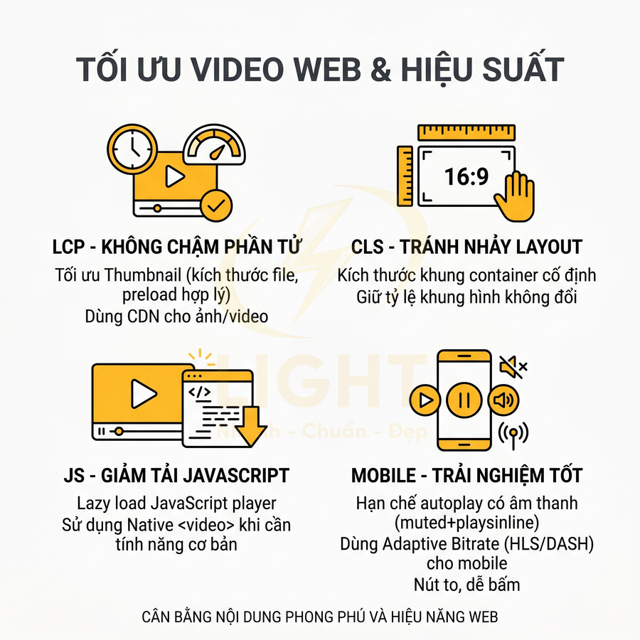 Infographic tối ưu video web và hiệu suất với LCP, CLS, giảm tải JavaScript và cải thiện trải nghiệm xem trên mobile