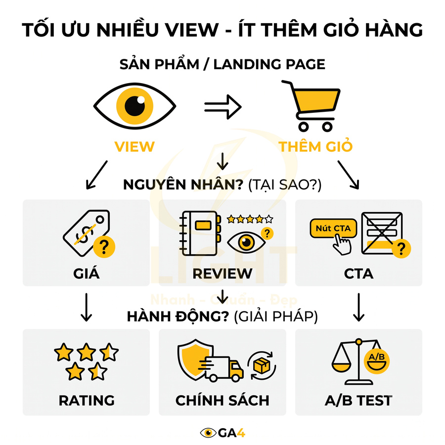 Mô hình tối ưu sản phẩm landing page từ nhiều view sang thêm giỏ hàng với giá review CTA rating chính sách A/B test