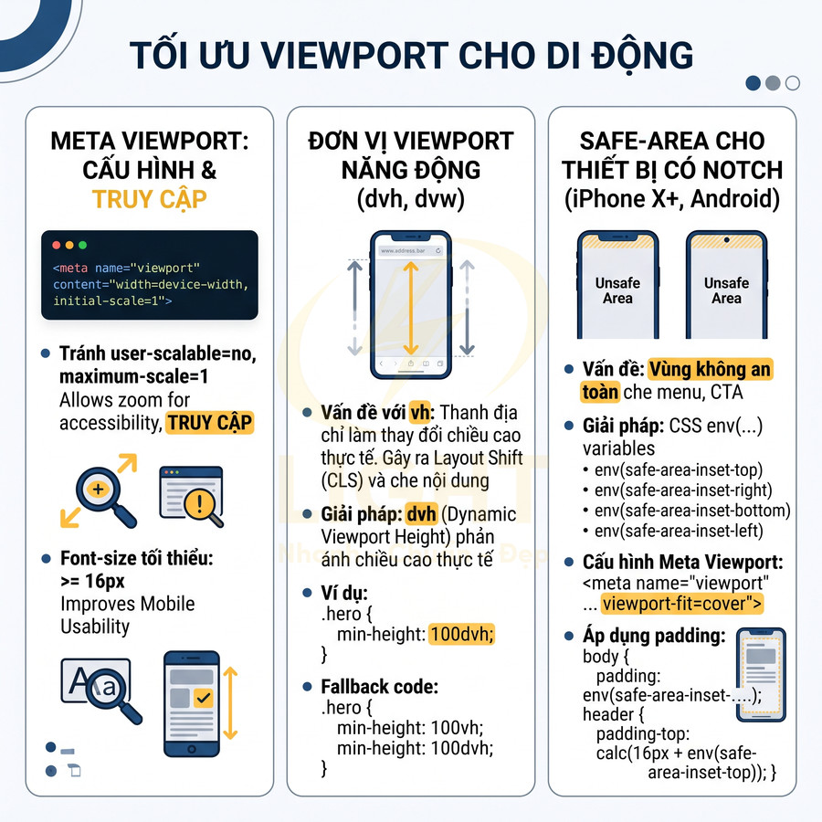 Hướng dẫn tối ưu viewport cho di động với meta viewport, đơn vị dvh dvw và safe area cho iPhone có notch